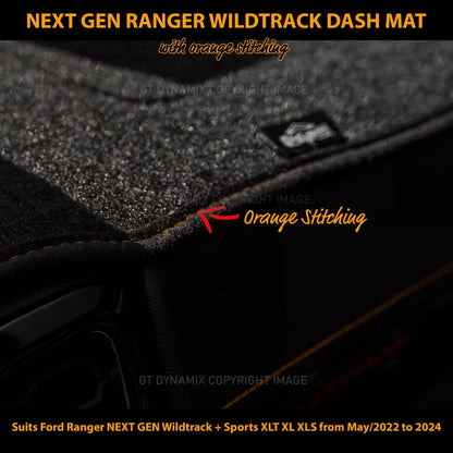 Shevron Black Dash Mat with Orange Stitching For Ford NEXT GEN Ranger Wildtrak Raptor & Platinum w/ In Dash Glove Box 5/2022-2025 DMO1652