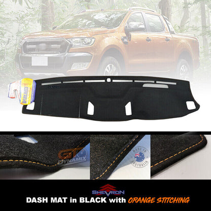 Shevron Black Dash Mat + Orange Stitching For Ford Ranger PX MKII Wildtrak 6/2015-7/2018 DMO1403