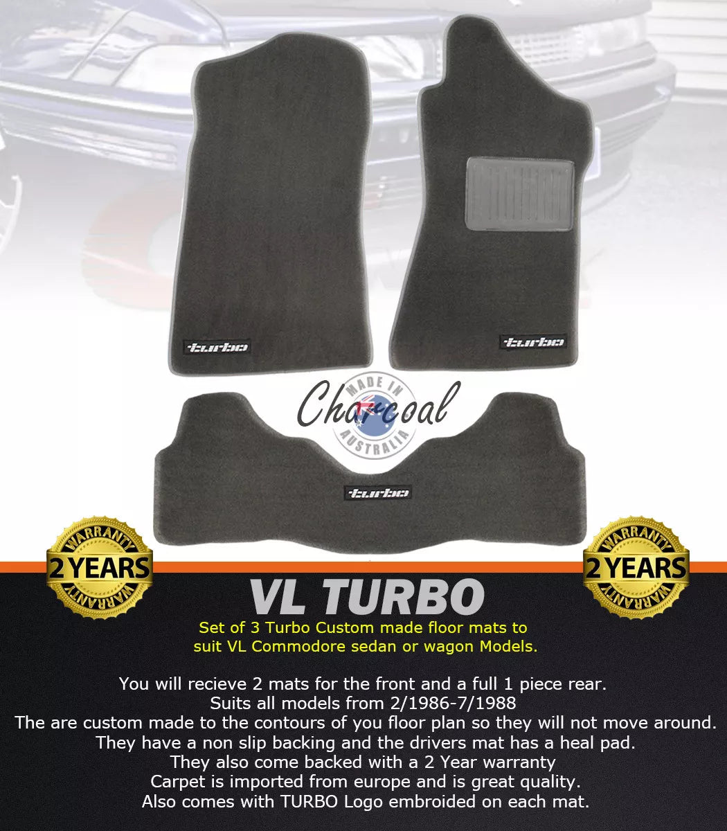 Custom Made Floor Mats Set of 3 Charcoal with Silver Badge VL TURBO Calais BT1