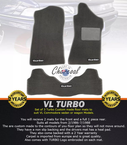 Custom Made Floor Mats Set of 3 Charcoal with Silver Badge VL TURBO Calais BT1