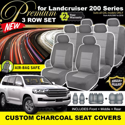 Premium Seat Covers 3 Rows Charcoal Grey For Toyota Landcruiser 200 Series GXL 2007-2021