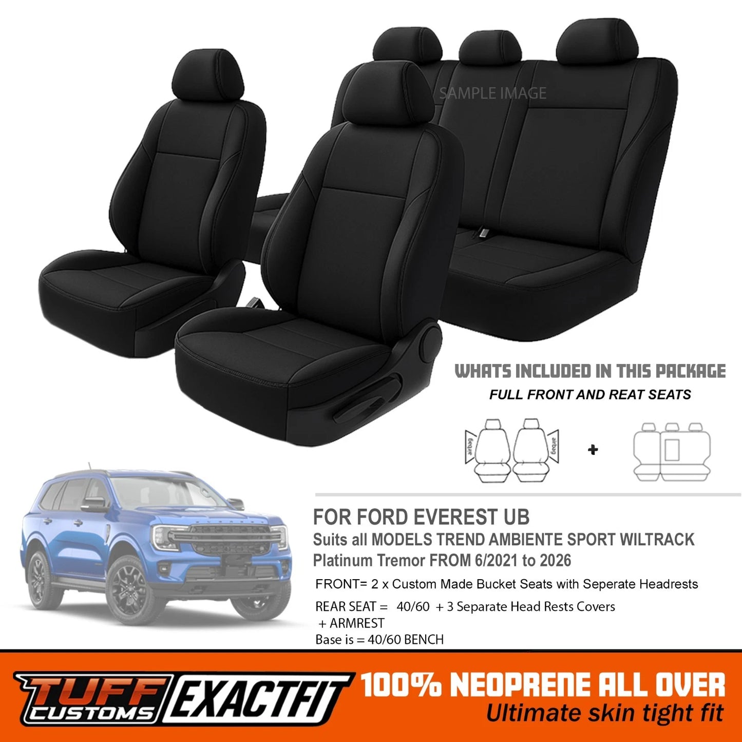 TUFF Customs EXACTFIT Neoprene Seat Covers FORD NEXT GEN Everest Platinum Wildtrack Trend Sports 2022-2026 2 Rows