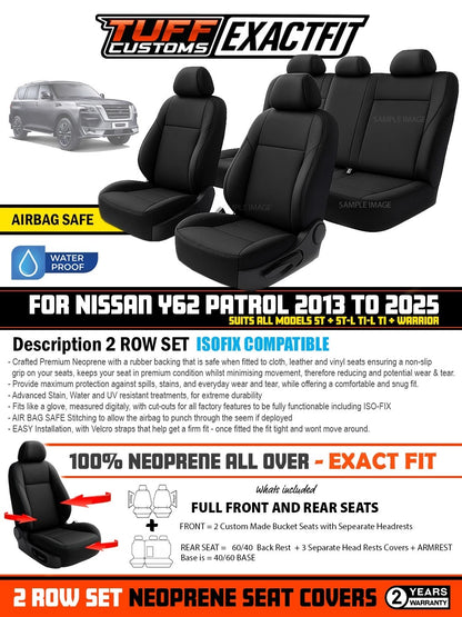 TUFF Customs ExactFit Neoprene Seat Covers Nissan Patrol Y62 ST Ti Ti-L ST-L Warrior 2013/2025 2 Rows