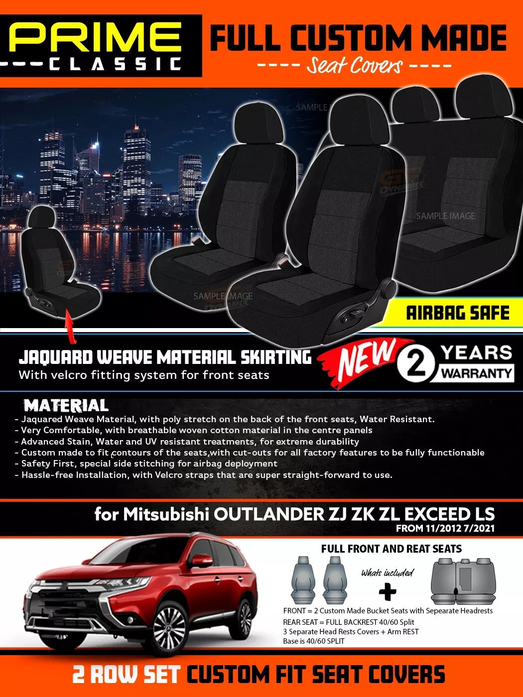 PRIME CLASSIC Seat Covers 2 Rows For Mitsubishi Outlander ZJ ZK ZL 11/2012-7/2021 Black