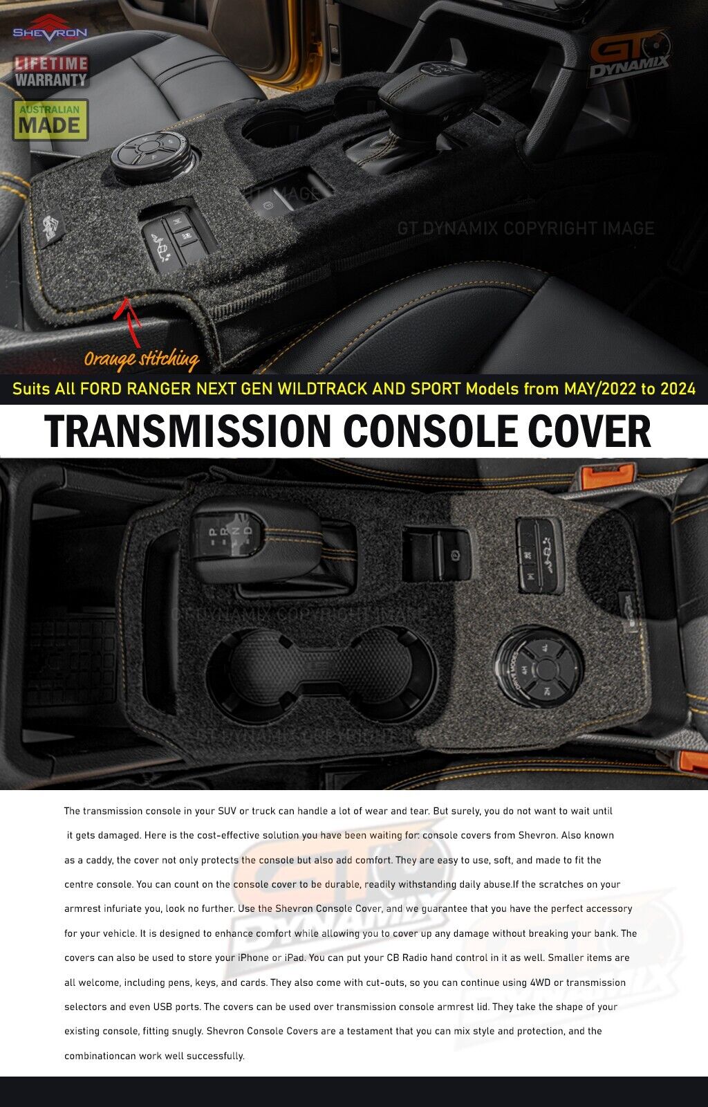 Shevron Transmission Console Cover For Ford Ranger XLT V6 Large Gear Selector 5/2022-2024
