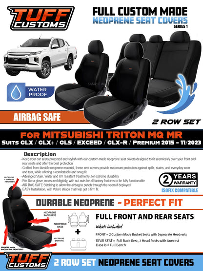 TUFF Customs S1 Neoprene Seat Covers 2 Rows For Mitsubishi Triton MQ MR Dual CAB GLS GLR GLX 1/2015-2023