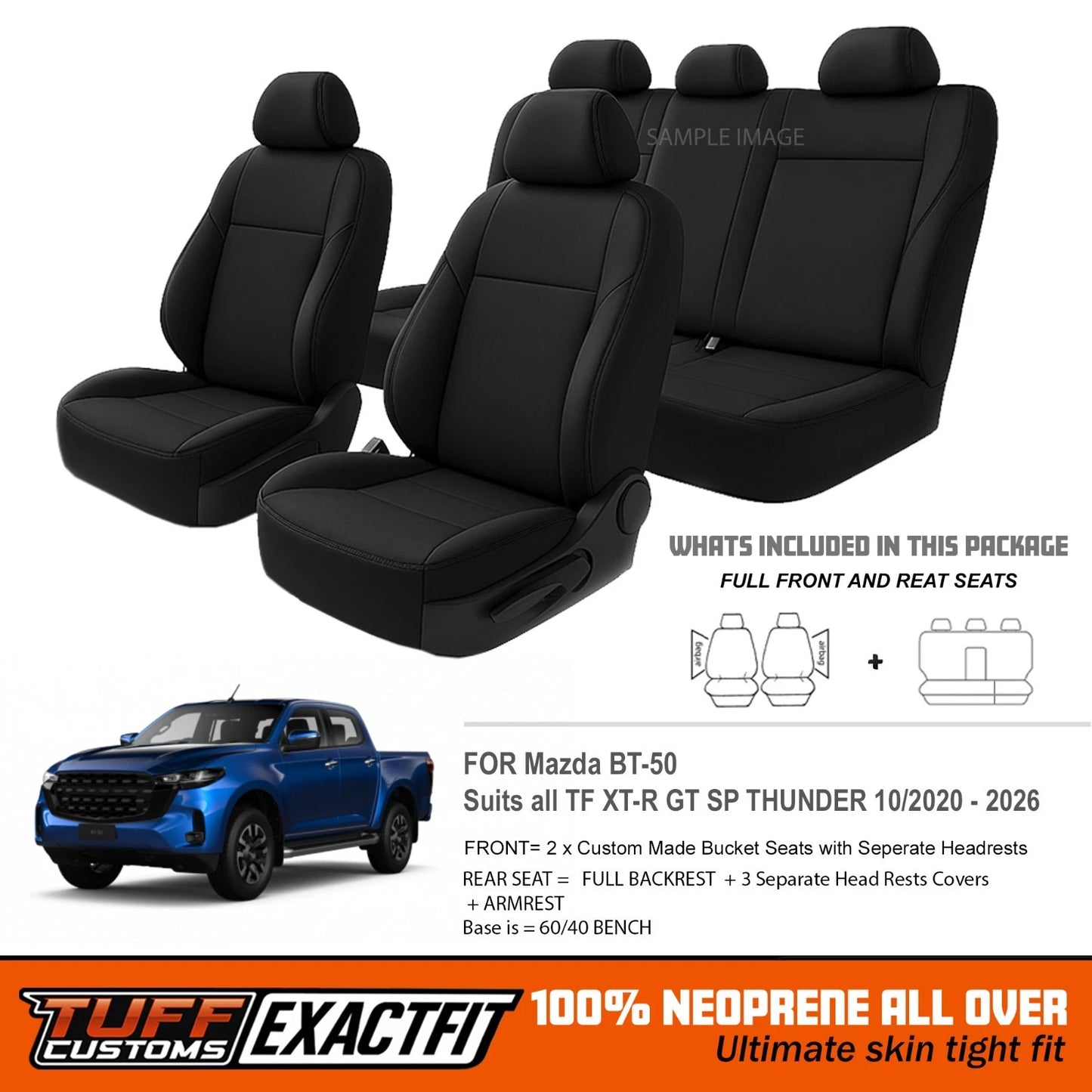 TUFF Customs EXACTFIT Neoprene Seat Covers Mazda BT-50 TF SP GT XT-R THUNDER 7/2020-2026 2 Rows