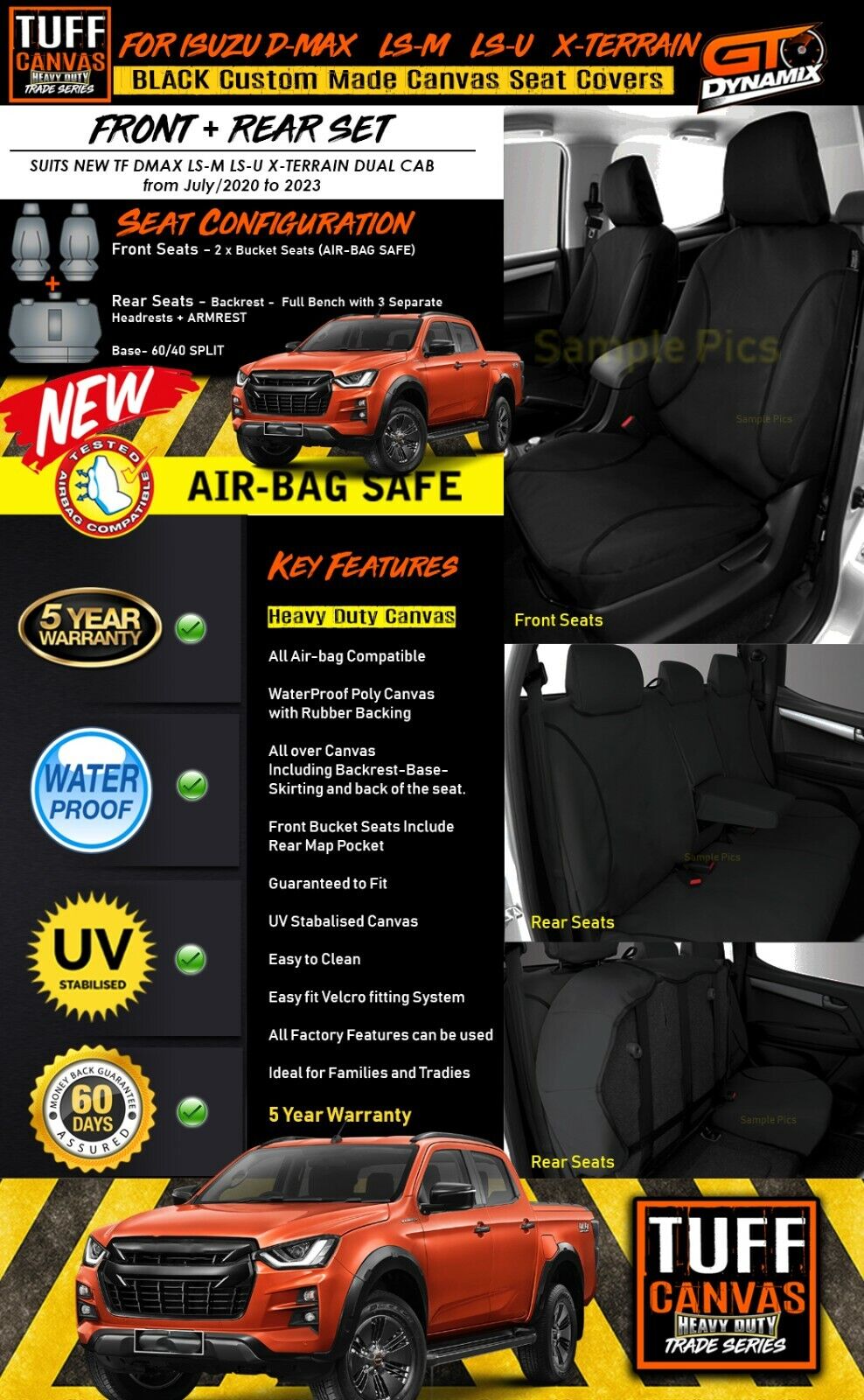 TUFF HD TRADE Canvas Seat Covers 2 Rows For Isuzu D-MAX DMAX TF LS-U LS-M 7/2020-2023 Black