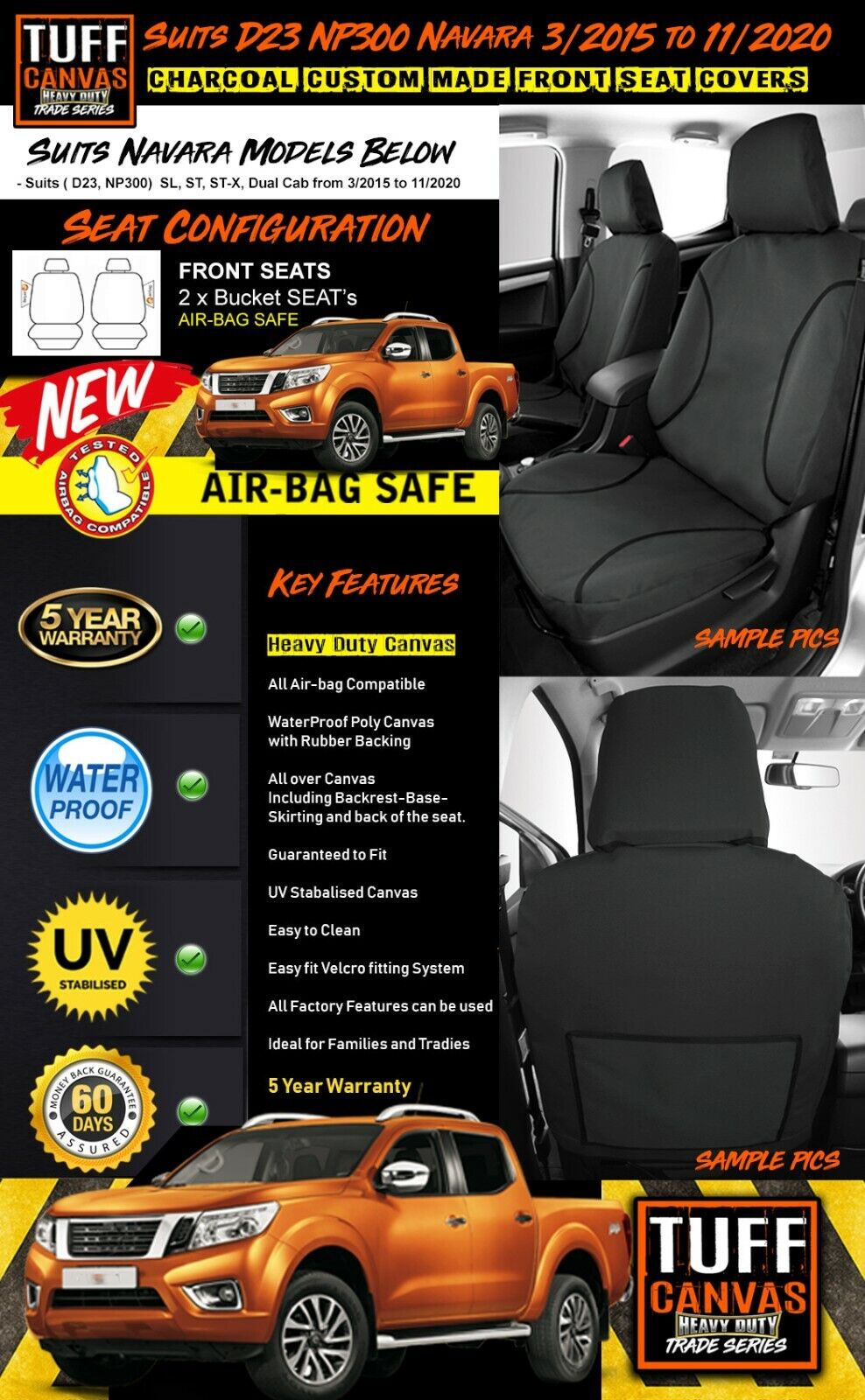 TUFF HD TRADE Canvas Seat Covers Front For Nissan D23 Navara NP300 ST ST-X 3/2015-2020 Charcoal
