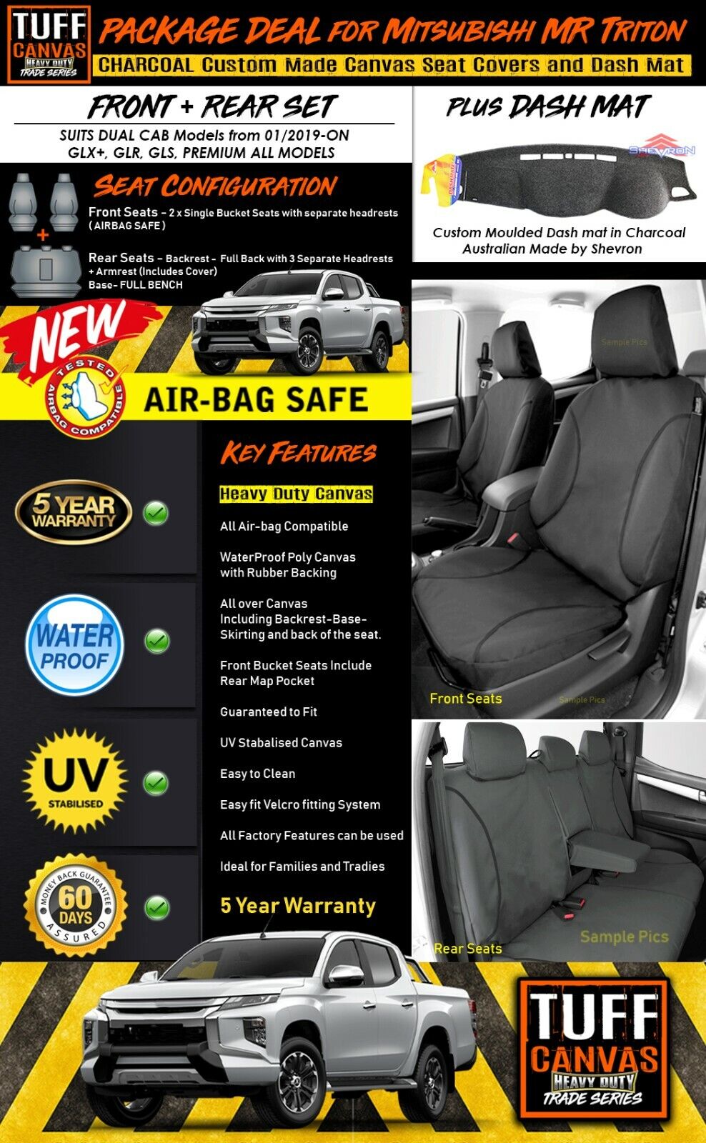 Tuff HD TRADE Canvas Seat Covers 2 Rows + Dash Mat For Mitsubishi Triton MR Dual Cab 1/2019-2023 Charcoal