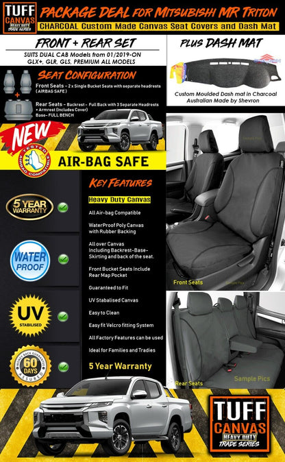 Tuff HD TRADE Canvas Seat Covers 2 Rows + Dash Mat For Mitsubishi Triton MR Dual Cab 1/2019-2023 Charcoal