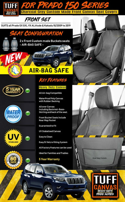 TUFF HD TRADE Canvas Seat Covers Front For Toyota Prado 150 GXL GX Altitude 2009-2019 Charcoal