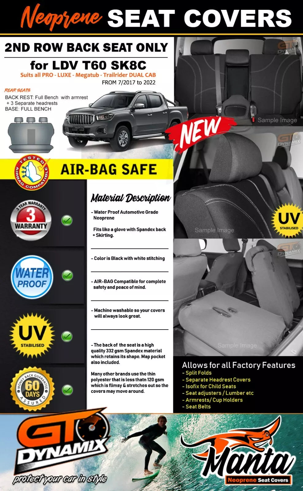 Manta Neoprene Rear Seat Covers For LDV T60 SK8C Pro Trailrider Dual Cab 7/2017-2025