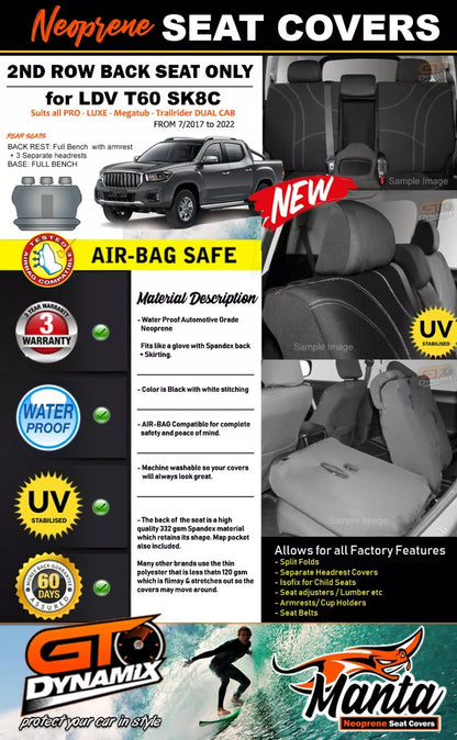 Manta Neoprene Rear Seat Covers For LDV T60 SK8C Pro Trailrider Dual Cab 7/2017-2025
