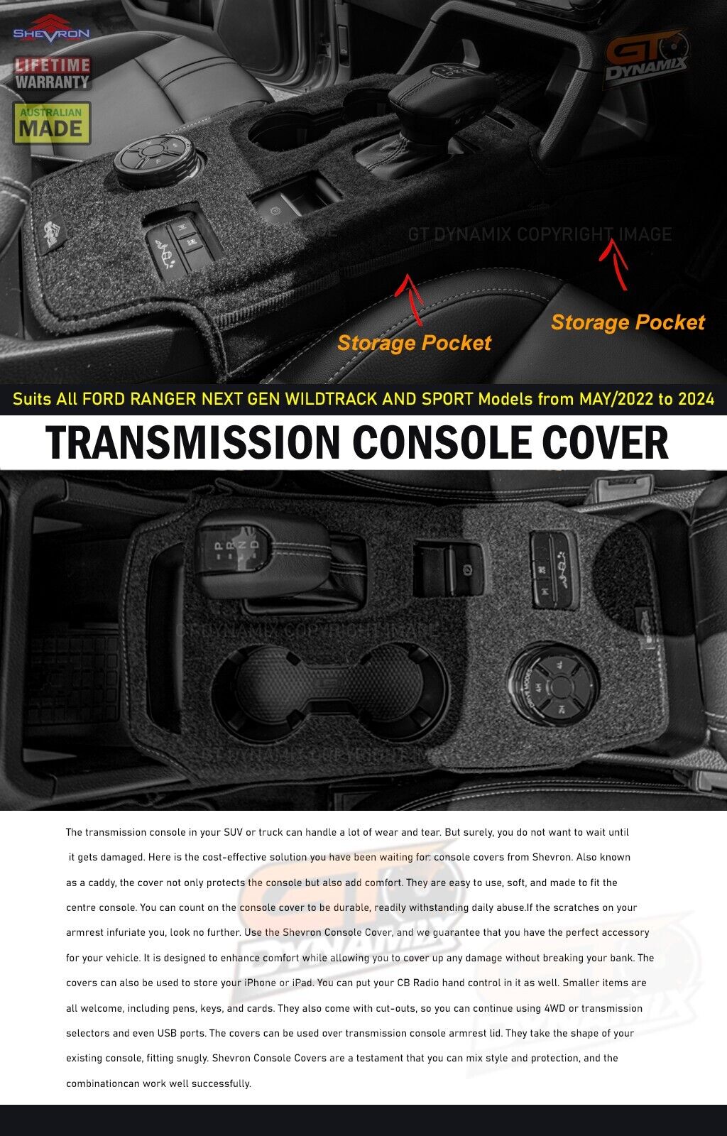 Shevron Transmission Console Cover For Ford Ranger Wildtrak Sport Small Gear Selector 5/2022-2024