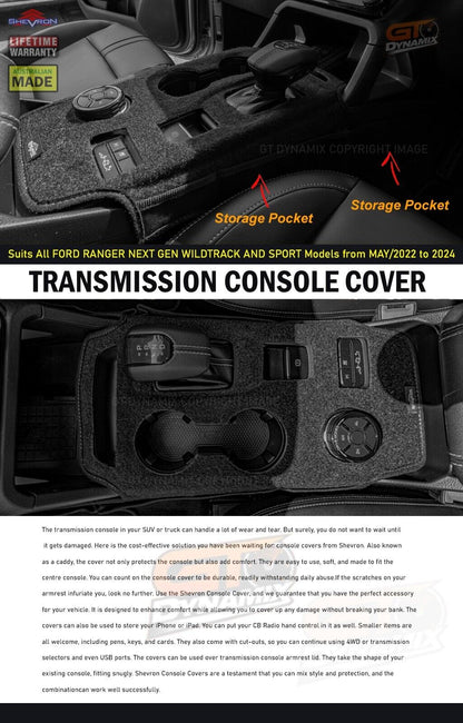 Shevron Transmission Console Cover For Ford Ranger Wildtrak Sport Small Gear Selector 5/2022-2024