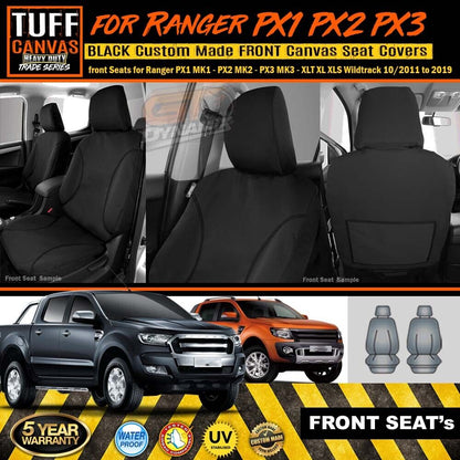 TUFF HD TRADE Canvas Seat Covers Front For Ford Ranger MK1 MK2 MK3 XLT XL 2011-2022 Black