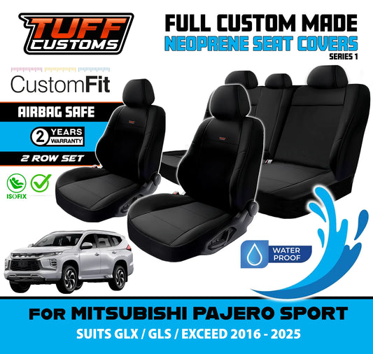 TUFF Customs S1 Neoprene Seat Covers 2 Rows For Mitsubishi Pajero Sport GLX GLS GSR EXCEED 1/2016-2024