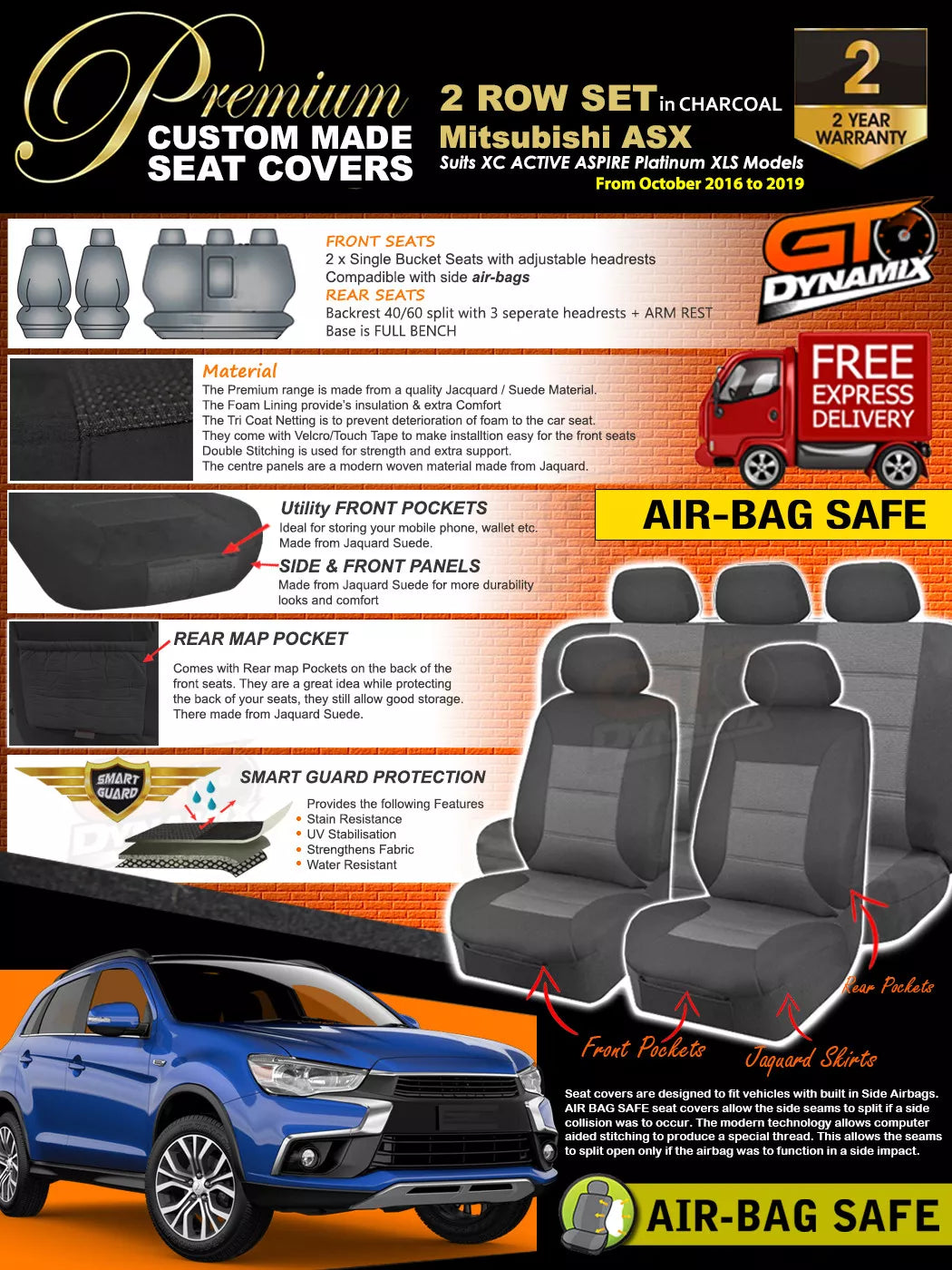 Premium Seat Covers 2 Rows Charcoal Grey For Mitsubishi ASX XC XD Active XLS ES 10/2016-2025