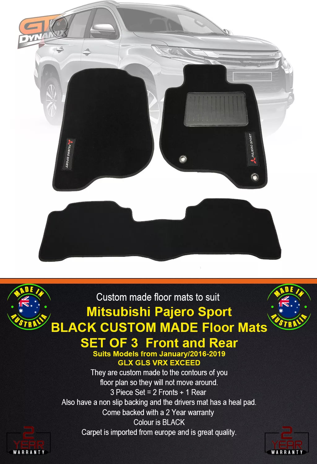 Custom Made Floor Mats 2 Rows MITSUBISHI PAJERO SPORTS GLX GLS VRX 2016-2025 BLACK