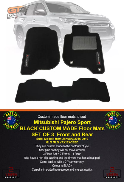 Custom Made Floor Mats 2 Rows MITSUBISHI PAJERO SPORTS GLX GLS VRX 2016-2025 BLACK