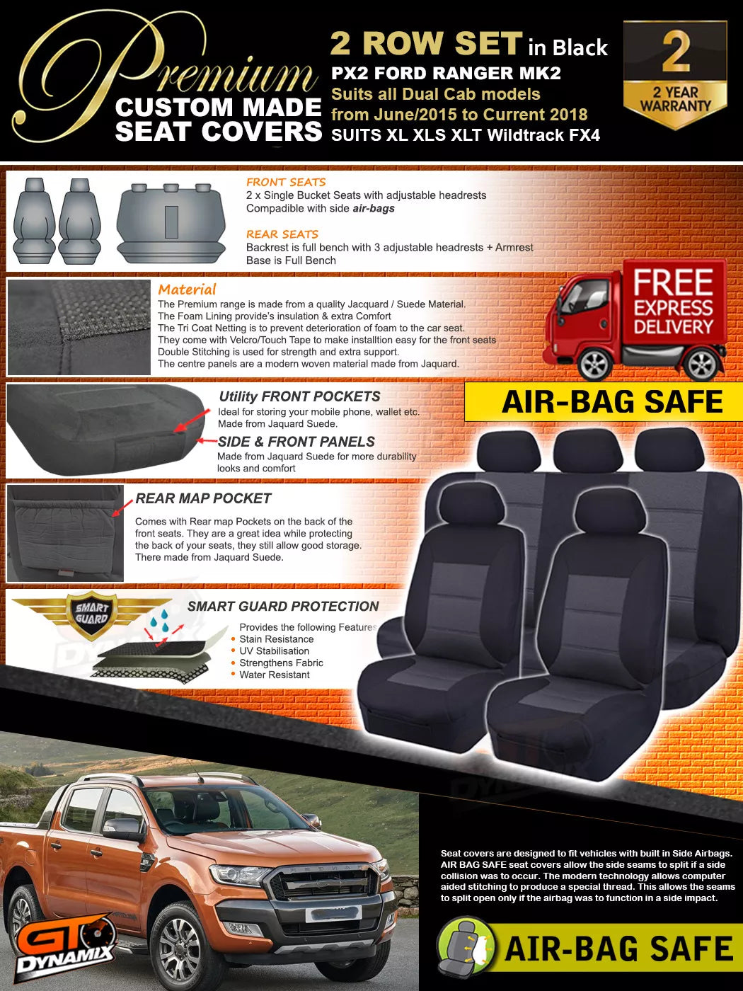 Premium Seat Covers 2 Rows Black For FORD PX2 RANGER MK2 MK3 Dual Cab XLTXL  6/2015-2022
