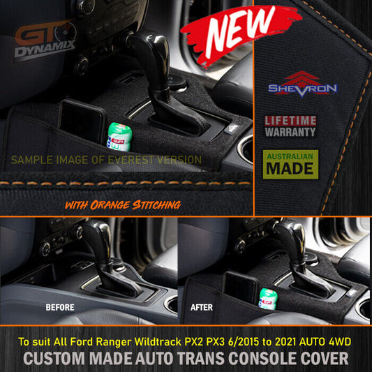 Shevron Transmission Console Cover + Orange Stitching For Ford Ranger PX2 PX3 4WD 6/2015-4/2022