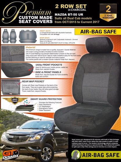 Premium Seat Covers 2 Rows Charcoal Grey For MAZDA BT-50 UR XT GT Dual Cab 10/2015-20 BT50