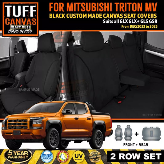 Black TUFF HD TRADE Canvas Seat Covers For Mitsubishi Triton MV Dual Cab GLX GLR GLS 12/2023-2025 2 Rows