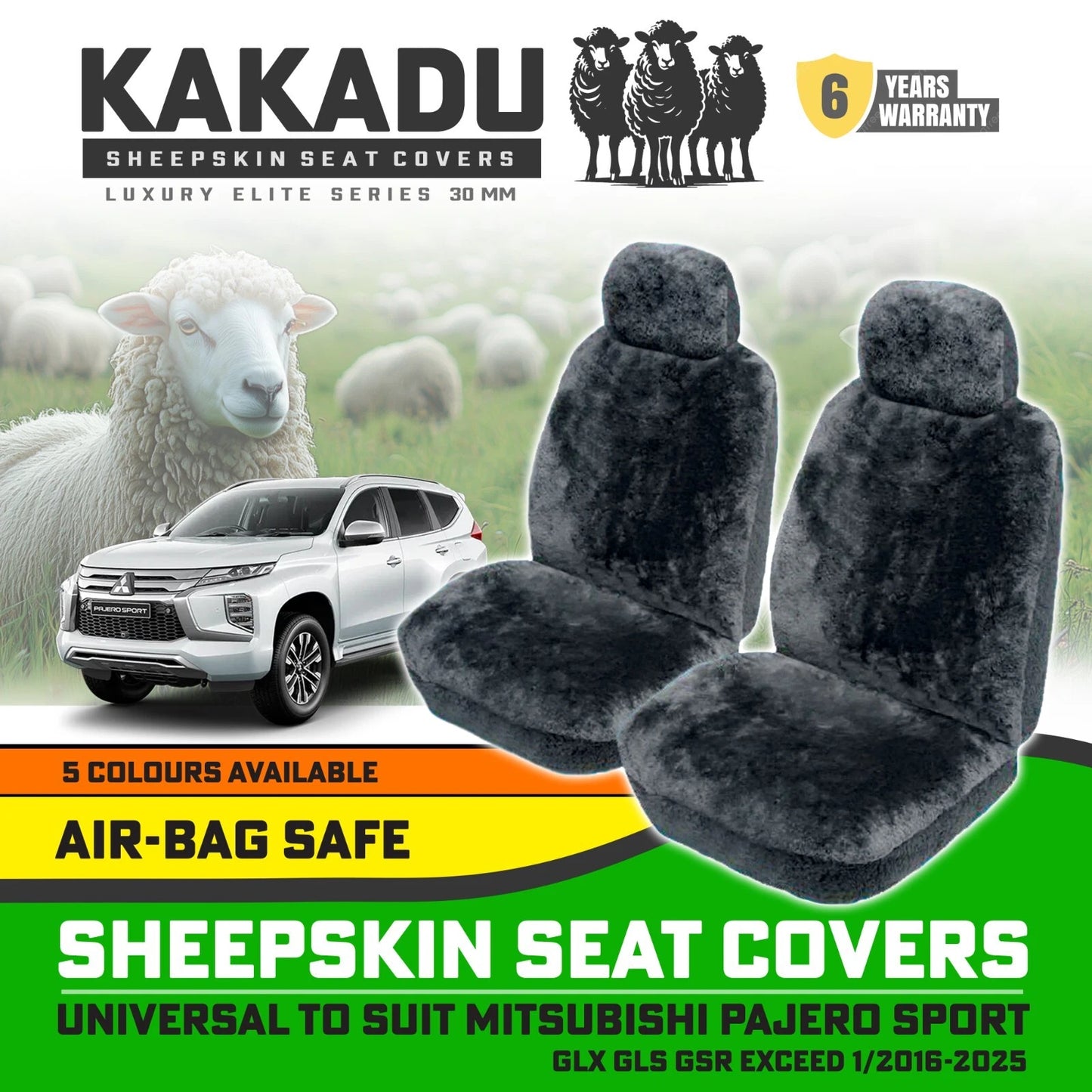 KAKADU Luxury Sheepskin Seat Covers Suits  Mitsubishi  Pajero SPORT GLX GLS 2016-2025 30mm 5Colours 6YR