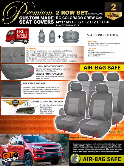 Premium Seat Covers 2 Rows Charcoal Grey For HOLDEN COLORADO RG Crew Cab LTZ LZ 7/2016-2020