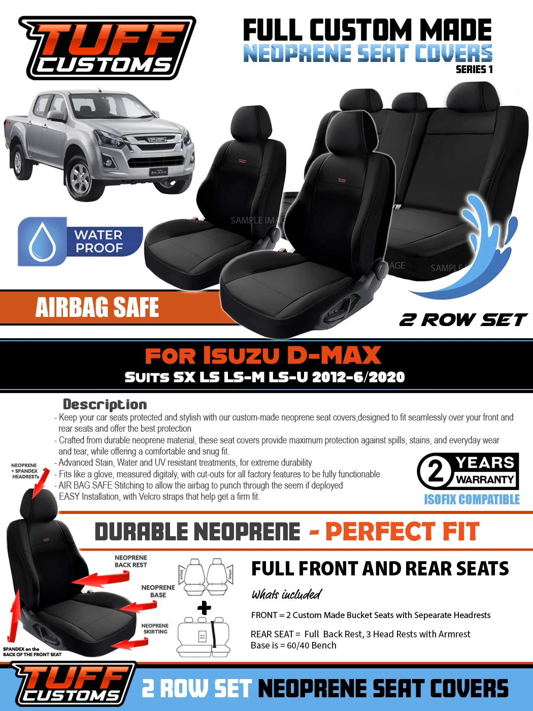 TUFF Customs S1 Neoprene Seat Covers 2 Rows For Isuzu DMAX Dual Cab LS-U LS-M 2012-2021