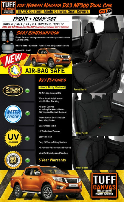 TUFF HD TRADE Canvas Seat Covers 2 Rows For Nissan Navara D23 NP300 ST ST-X 3/2015-10/2017 Black
