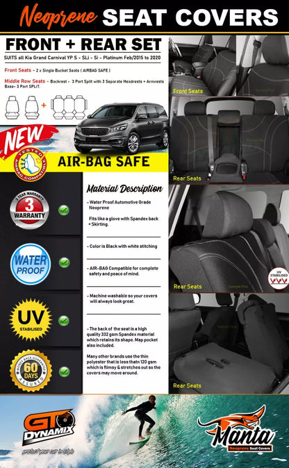 Manta Neoprene 2 Rows Seat Covers For Kia Grand Carnival YP Si SL-i S 2/2015-2020