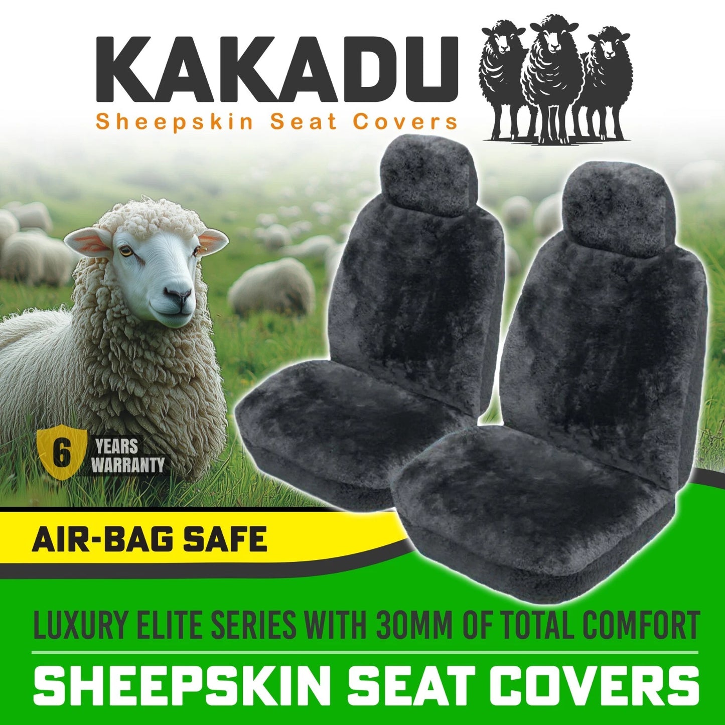 KAKADU LUXURY Universal Sheepskin Car FRONT Seat Covers Charcoal For HOLDEN COMMODORE UTE VE OMEGA 9/2007-4/2013