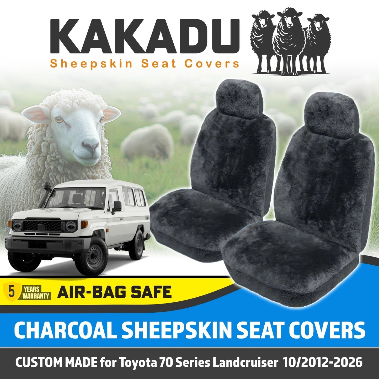 BLACK Custom KAKADU Sheepskin Seat Covers for Toyota 70 Series Landcruiser 10/2012-2025