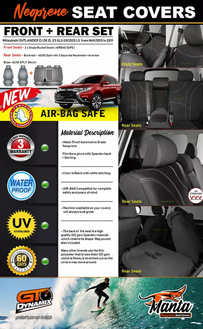 Manta Neoprene 2 Rows Seat Covers For Mitsubishi OUTLANDER ZJ ZK ZL 5/2012-2021