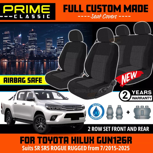 PRIME CLASSIC Seat Covers 2 Rows For Toyota Hilux Dual Cab SR5 SR Rogue 2015-2024 Black