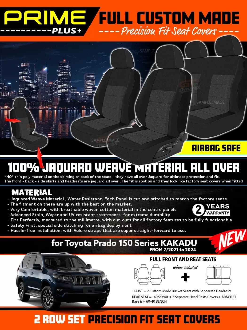 PRIME PLUS Seat Covers 2 Rows Black For Toyota Prado 150 Series Kakadu 7/2021-2025