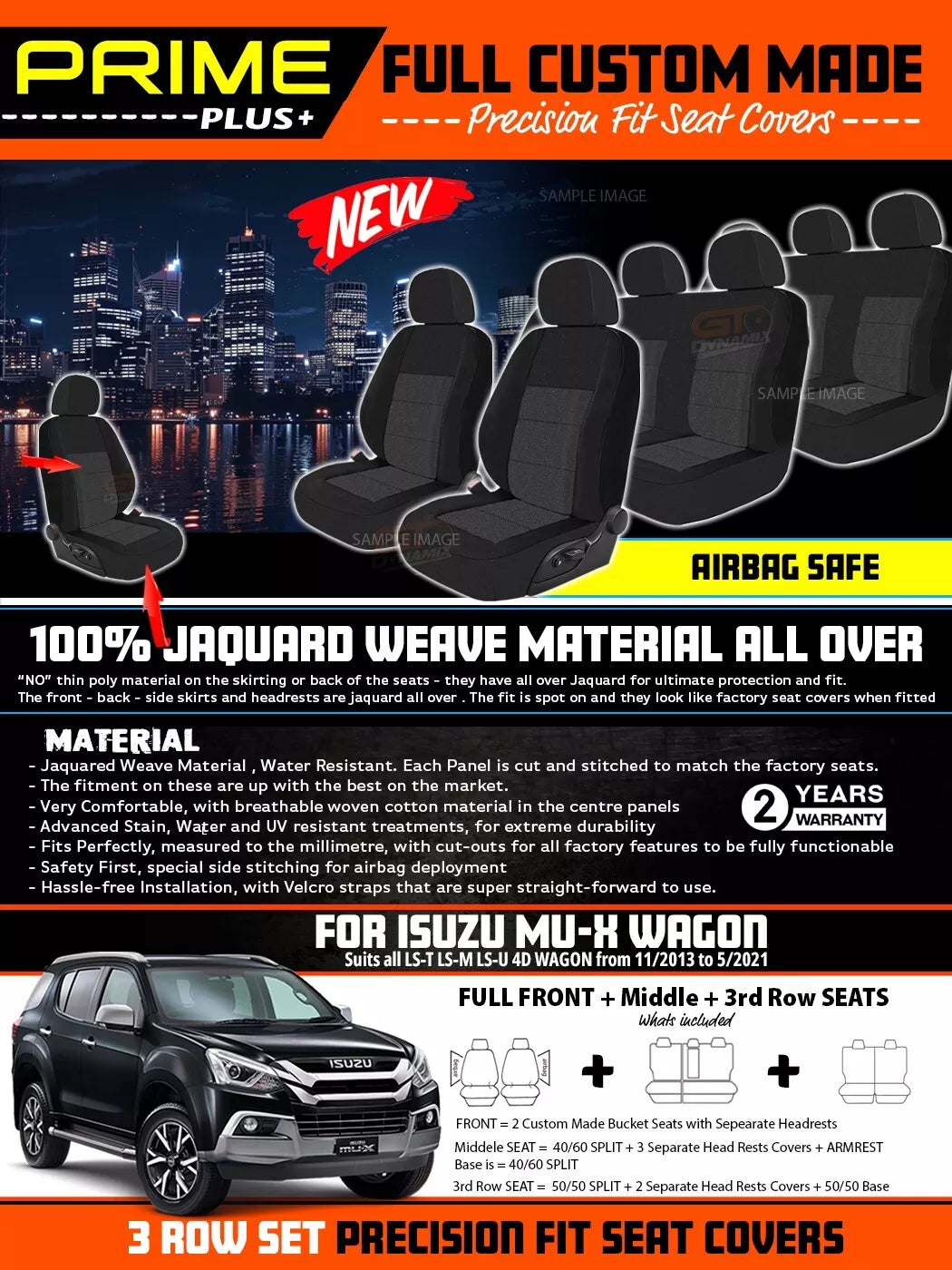 PRIME PLUS Seat Covers 3 Rows Black For Isuzu MUX MU-X LS-T LS-M LS-U 11/2013-5/2021