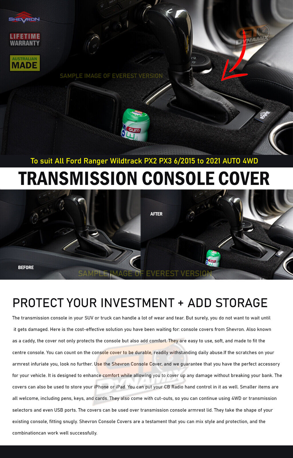 Shevron Transmission Console Cover + Orange Stitching For Ford Ranger PX2 PX3 4WD 6/2015-4/2022