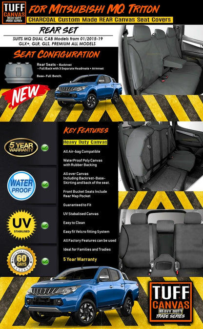 TUFF HD TRADE Canvas Seat Covers 2nd Row For Toyota Landcruiser 200 Series GXL 8 Seater 2007-2020 Black