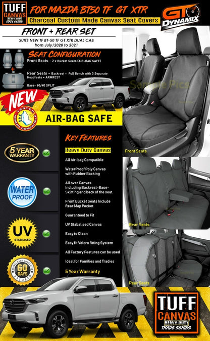 TUFF HD TRADE Canvas Seat Covers 2 Rows For Mazda BT-50 TF GT XTR BT50 7/2020-2023 Charcoal