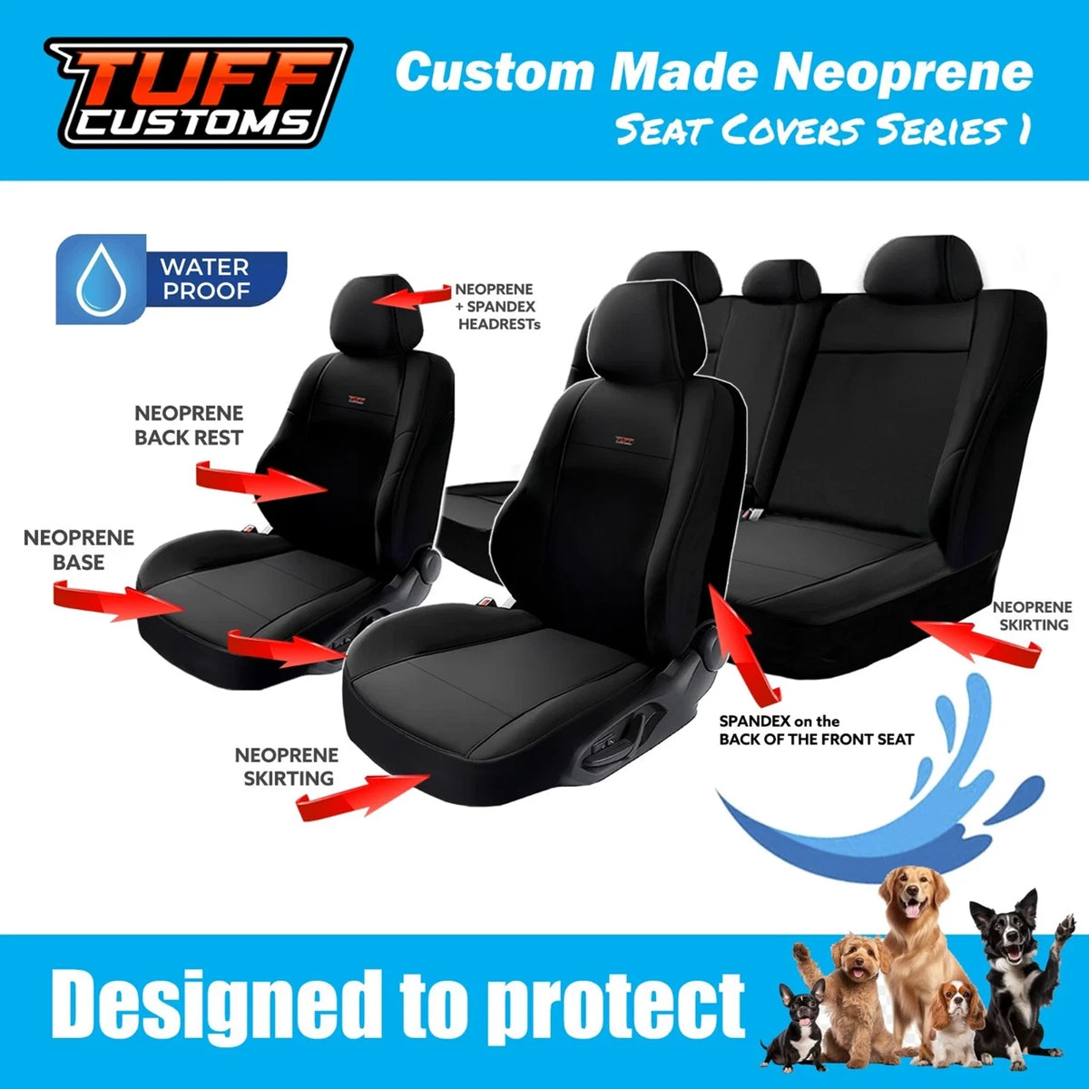 TUFF Customs S1 Neoprene Seat Covers For Mitsubishi Triton MN ML Dual Cab GLS GLX-R 2R 2006-2015 2 Rows Black