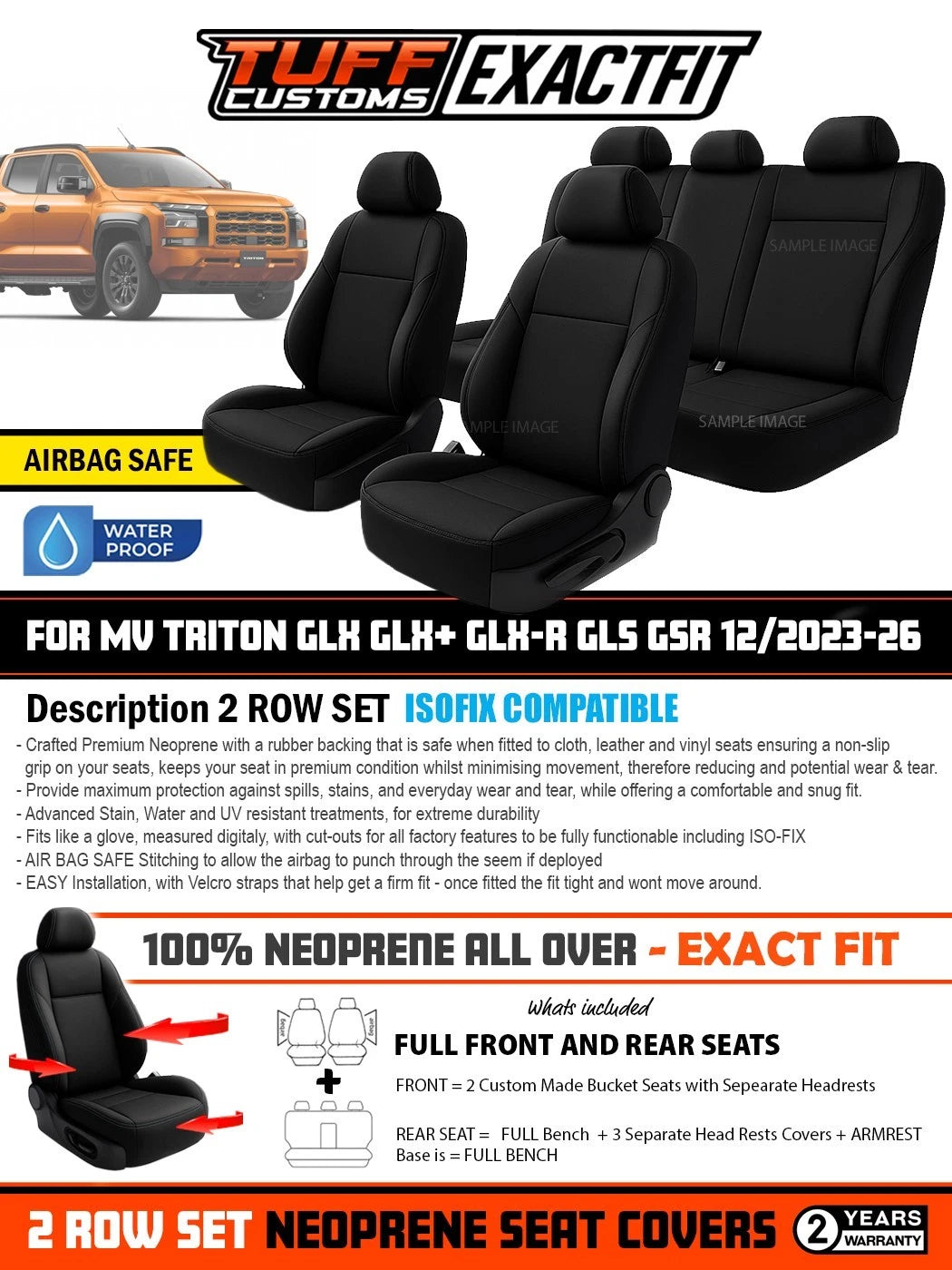 TUFF Customs EXACTFIT Neoprene Seat Covers Mitsubishi Triton MV GLX GLS GSR GLX-R 12/2023-2026 2 Rows