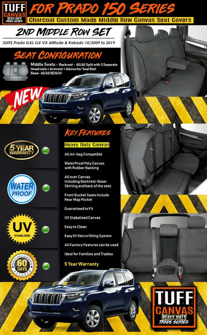 TUFF HD TRADE Canvas Seat Covers 2nd Row For Toyota Prado 150 GXL GX Altitude 2009-2021 Charcoal