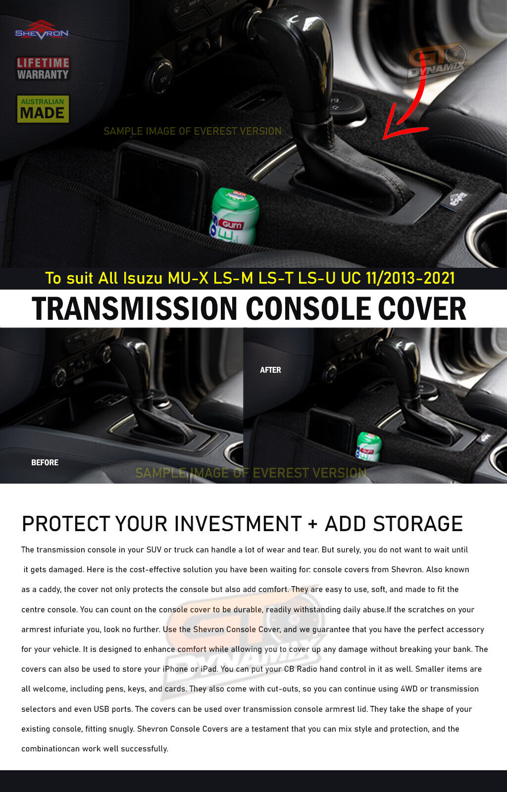 Shevron Transmission Console Cover For Isuzu MU-X LS-M LS-T LS-U UC Auto 9/2013-5/2021