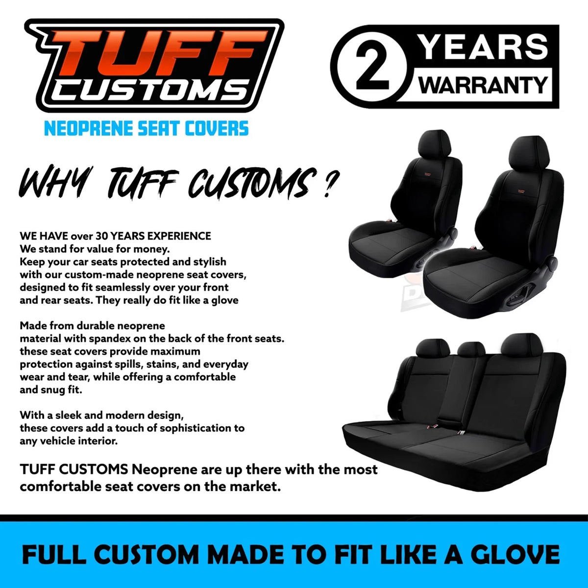 TUFF Customs S1 Neoprene Seat Covers For Mitsubishi Triton MN ML Dual Cab GLS GLX-R 2R 2006-2015 2 Rows Black