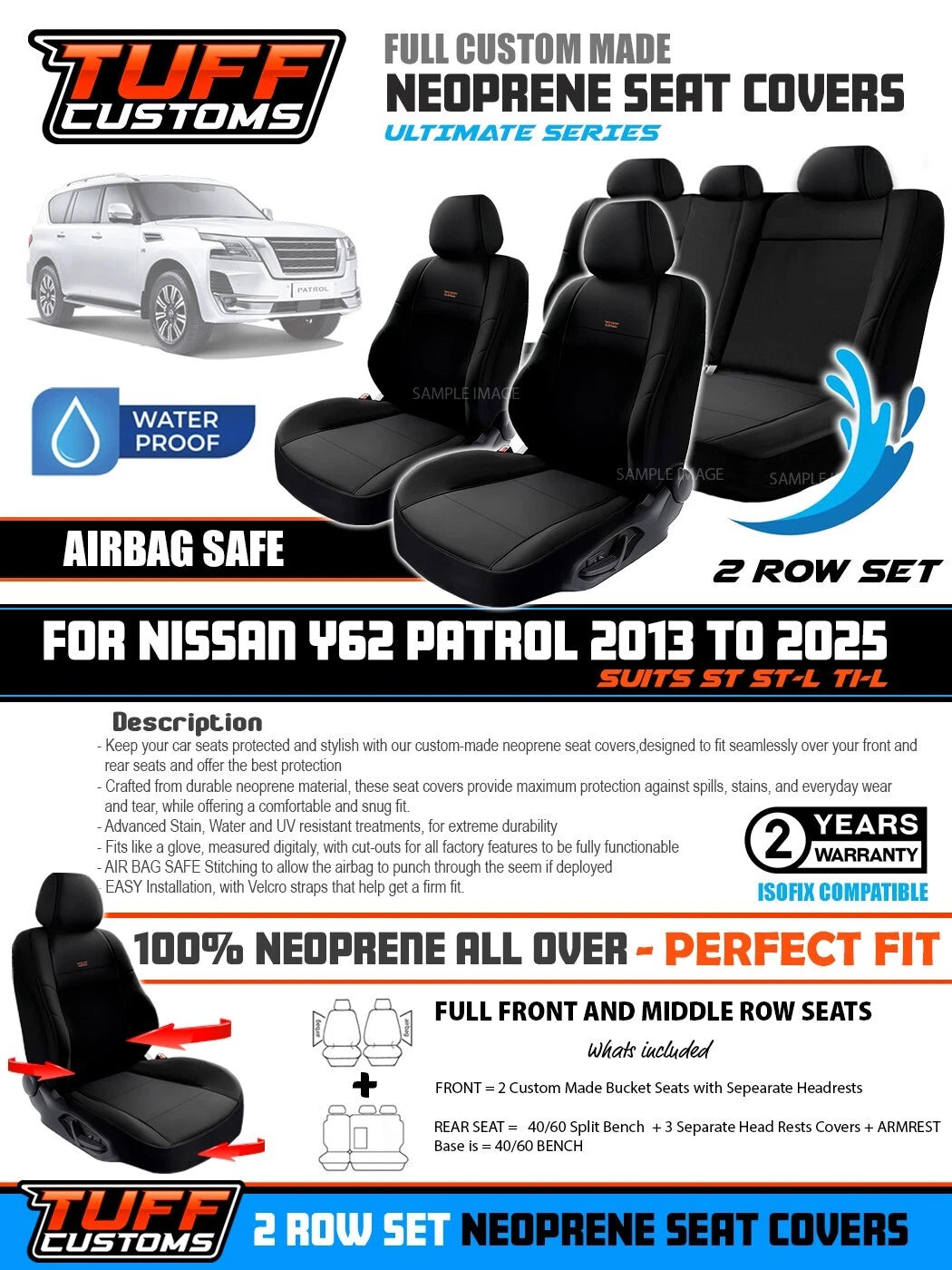 TUFF Customs Neoprene Seat Covers 2 Rows For Nissan Y62 PATROL TI TI-L ST 2013-2024