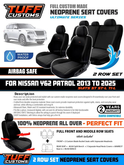 TUFF Customs Neoprene Seat Covers 2 Rows For Nissan Y62 PATROL TI TI-L ST 2013-2024